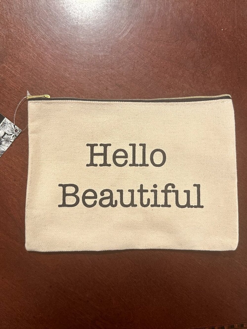 "Hello Beautiful" Canvas Cosmetic Makeup Bag Pouch Beige Gold Zipper NWT 8x6
